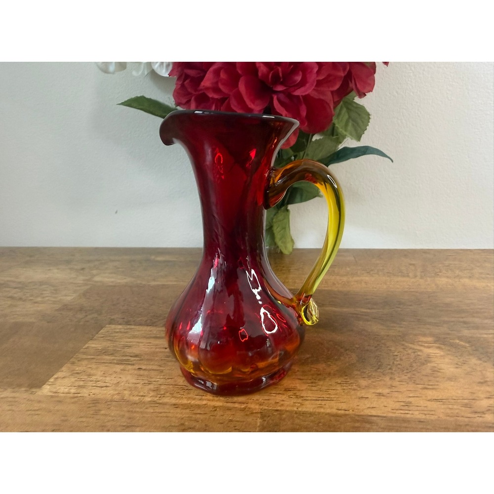 Vintage Ruby Red Amberina Art Glass Mini Pitcher Creamer Vase‎ Hand Blown Shelf